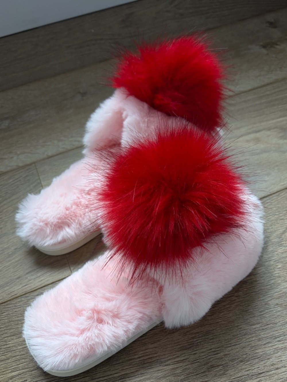 Shiraleah Pink Faux Fur Slippers with Red Pom